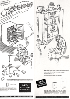 AEG-Werbung 1954 und 1958. Ein Kühlschrank ist nicht an allen Orten von gleicher Bedeutung.