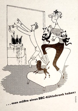 BBC illustrierte 1954 im zeittypischen Zeichenstil die Vorzüge des Kühlschranks für das Haushalten.