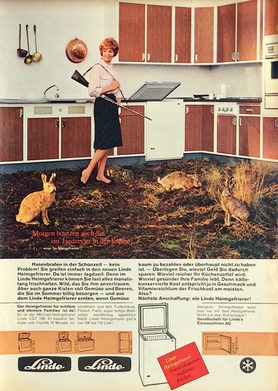 Linde verwandelte in einer Anzeigenserie von 1964 die Einbauküche in ein Angelparadies, einen Obstgarten, ein Jagdrevier und andere Orte der Nahrungsgewinnung.