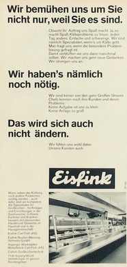 Eisfink setzte 1969 in mehreren Anzeigen für den gewerblichen Bereich auf die Wirkung irritierender Textformulierungen.