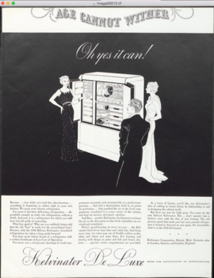 Die grafisch anspruchsvolle Kelvinator-Werbung von 1936 richtete sich an eine wohlhabende Kundschaft. Das Gerät ist ein Ausweis erfolgreichen Lebens.