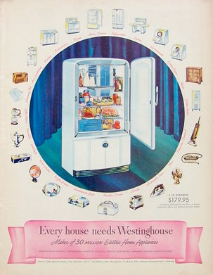 Westinghouse nahm 1930 die Kühlschrankproduktion auf. Die Firma stellte im Werbebild von 1946 den Kühlschrank ins Zentrum der Produktpalette.