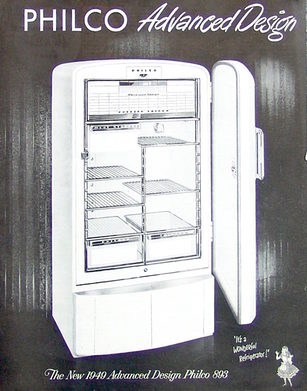 Philco begann 1939 mit der Kühlschrankproduktion. 1949 wurde mit fortschrittlichem Design geworben. Es gab ein Gefrierfach, verstellbare Ablagen, Gemüseschalen mit Glasabdeckung und eine leicht schließende Tür. Design Harold van Doren.
