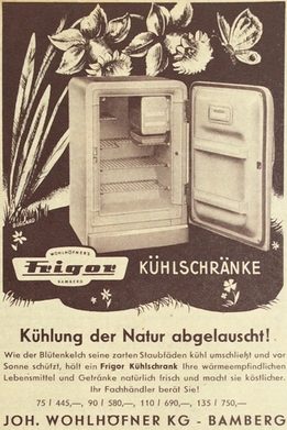 Die Frigor-Werbung von 1955 bringt Natur und Kühltechnik in ungewöhnliche Verbindung.