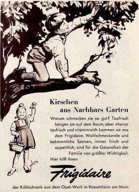 Die Lebensmittel im Kühlschrank sind „taufrisch“ wie soeben gepflückte Kirschen. Mit diesem Frischemotiv will die Frigidaire-Werbung von 1956 auf den gesundheitlichen Wert kühl gelagerter Speisen verweisen.