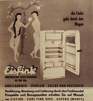 Kühlschrank-Anzeigen werben mit der Verfügbarkeit von Natur und Frische. Die Eisfink-Werbung von 1957 zeigt paradiesische Zustände.