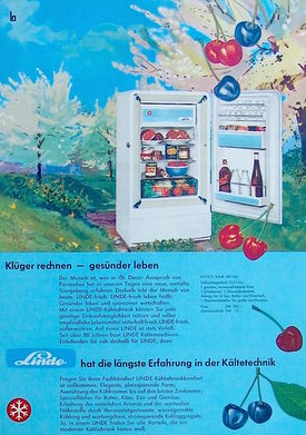 Die Linde-Werbung von 1959 stellt den Kühlschrank unter blühende Kirschbäume und verbindet Kältetechnik mit naturhafter Frische.