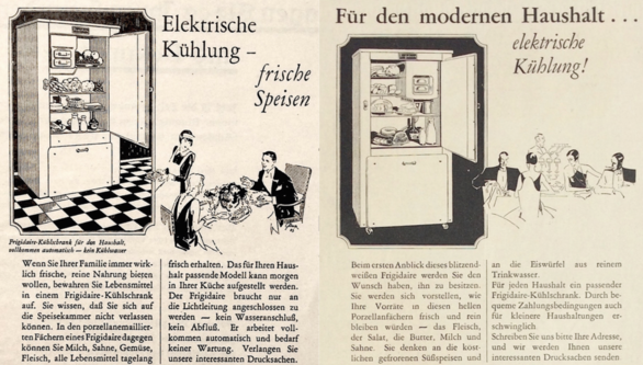 Die Frigidaire-Werbung von 1927 (Ausschnitt) richtete sich an Haushalte mit Dienstpersonal. Der Kühlschrank stand, wie der gekachelte Boden zeigt, in den Wirtschaftsräumen.