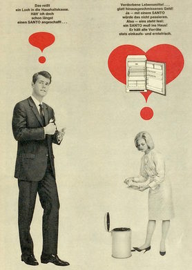 In der AEG-Werbung von 1964 dominiert der Mann das Bild, denn er entscheidet, was angeschafft wird. Wünsche werden aus dem Hintergrund artikuliert.