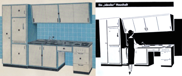 Zeichnung um 1957: Die Frau im Cocktailkleid zeigt sich begeistert von der AEG-Küche. AEG war führend beim Verkauf von Einbaukühlschränken.