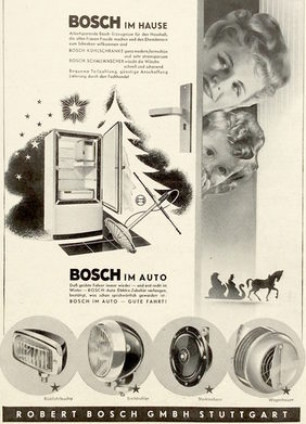 Die Bosch-Werbung von 1951 kombinierte Motive und Objektgrößen. Unterschiedliche Darstellungsformen und Texte ergeben ein komplexes Weihnachtsbild.