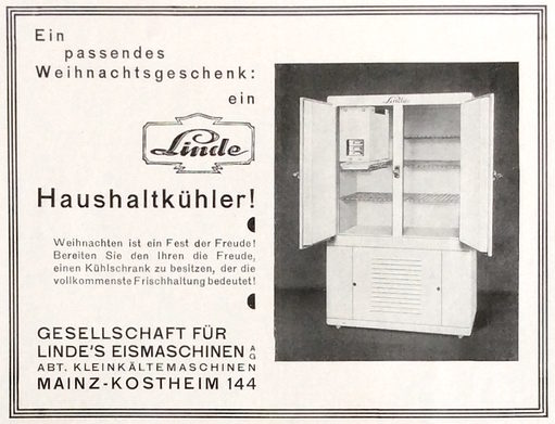 Die Weihnachtswerbung für den Linde-Kühlschrank kam 1930 mit einem schlichten Texthinweis aus.