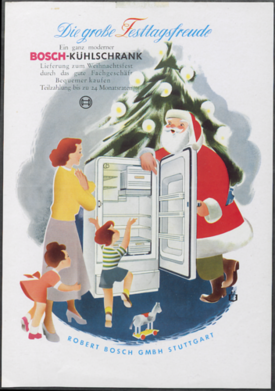 Der vollbärtige Weihnachtsmann mit rotem Mantel war ein beliebtes Motiv der Bosch-Werbung von 1952 und 1953.