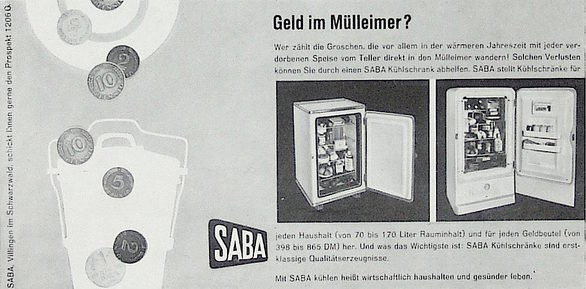 Die Saba-Werbung von 1955 illustriert mit dem Motiv des Mülleimers die finanziellen Verluste, die durch verdorbene Lebensmittel entstehen.