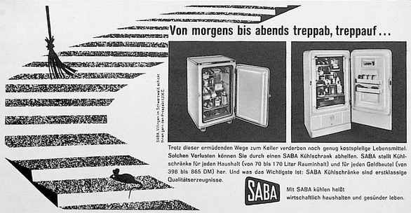 Die Saba-Werbung von 1955 zeigt mit dem Treppenmotiv, dass der Weg in den Vorratskeller nach der Anschaffung eines Kühlschranks unnötig ist.