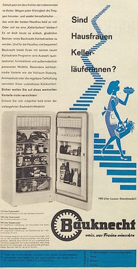 Treppenmotiv in der Bauknecht-Werbung: Der lange Weg über die Treppe zum Vorratskeller ist auch noch 1959 ein Bild für den Zeitverlust.