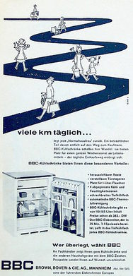 Wegemotiv in der BBC-Werbung von 1959: Hier werden nicht mehr die Wege in den Keller, sondern die langen Einkaufswege thematisiert.