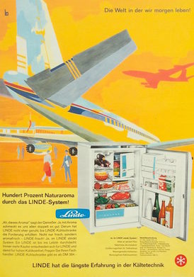 Weltweiter Flugverkehr erleichtert internationale wirtschaftliche Beziehungen. Der Weg zum Flugzeug lässt sich zu Fuß bewältigen. Illustration: Alfred Koella 1960.
