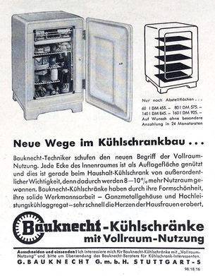 1954 wird die „Vollraum-Nutzung“ eingeführt. Der Kühlschrank hat ausschließlich großflächige Ablageroste. Das optimiert den Platz in einem Raum, der oft als zu eng empfunden wird.