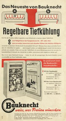 Durch die „regelbare Tiefkühlung“ kann das Tiefkühlfach in ein normales Kühlfach umgewandelt werden. Das zeigt die Anzeige von 1959.