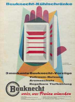 In grafisch anspruchsvollen Anzeigen wird 1959 für die drei wesentlichen Qualitäten eines Bauknecht-Kühlschranks geworben.