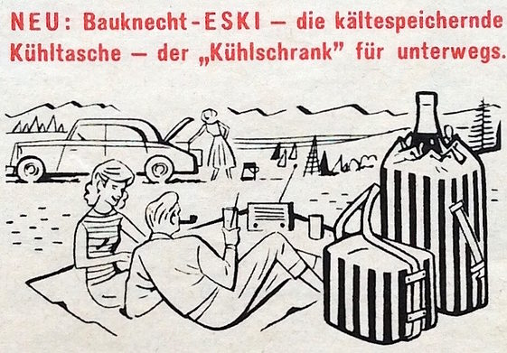 Die „Eski“-Kühltasche von 1959 enthält Kühlpatronen. Sie werden im Tiefkühlfach des Kühlschranks gelagert, bevor sie zum Einsatz kommen. Es gibt ein Modell für eine Flasche und ein weiteres Modell für Getränke und Speisen.