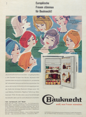Nach Gründung der Europäischen Wirtschaftsgemeinschaft (EWG) im Jahre 1957 nimmt die Werbung zunehmend Bezug auf den europäischen Markt. Bauknecht-Werbung 1961.