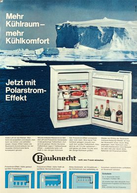 Mit der „Polarstrom“-Anzeige wird 1964 für die Gefriertechnik im Haushalt geworben.