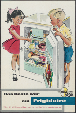 „Das Beste wär’ ein Frigidaire“. Der einprägsame Slogan wirbt für sechs Modelle von 110l bis 260l in unterschiedlichen Farben. Er gilt für nur noch die Zeit von 1956 bis 1960. Danach schließt Frigidaire seinen Produktionsort in Deutschland.