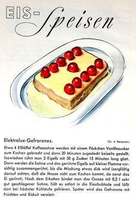 Die Rezeptvorschläge im Kühlbuch von Elektrolux beginnen mit den „Eis-Speisen“. Illustration: Margarete Seeler.