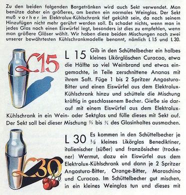 Im Kapitel „Cocktails und sonstige Mischgetränke“ gibt es auch zwei Kreationen, die nach Elektrolux-Modellen benannt wurden. Illustration: Margarete Seeler.