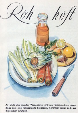 „Rohkost“ und „neuartige Salate“ nehmen im Rezeptbuch neun Seiten ein. Illustration: Margarete Seeler.