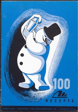 „100 Ate Rezepte“ Broschüre mit Rezepten, 16 Seiten, undatiert, um 1955. Der Ate-Schneemann stellt die Gerichte vor.