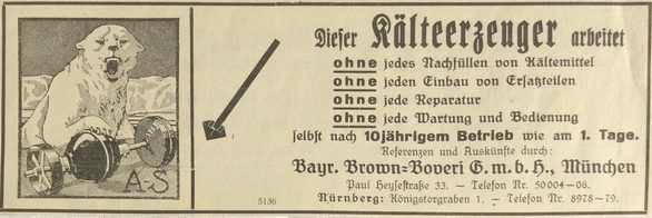 BBC bietet den AS-Kühlautomaten an und zählt auf, was er selbständig kann. Die 1894 nach einem Patent der Franzosen Audiffren und Singrün entstandene Konstruktion wird auch von General Electric in den USA gebaut.