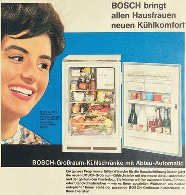 Bosch stellt 1960 die Abtauautomatik vor. Eisbildung am Gefrierfach wird durch den kurzen Wärmeimpuls eines Heizelementes verhindert.