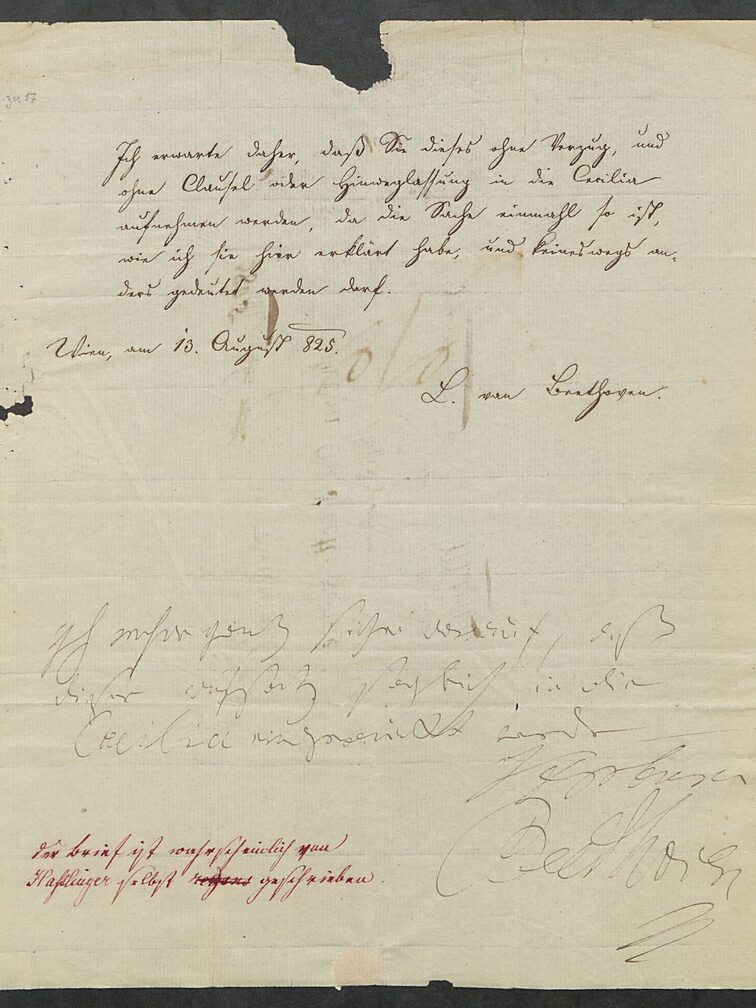 Brief vom 13. August 1825 von anderer Hand mit Nachschrift von Beethoven