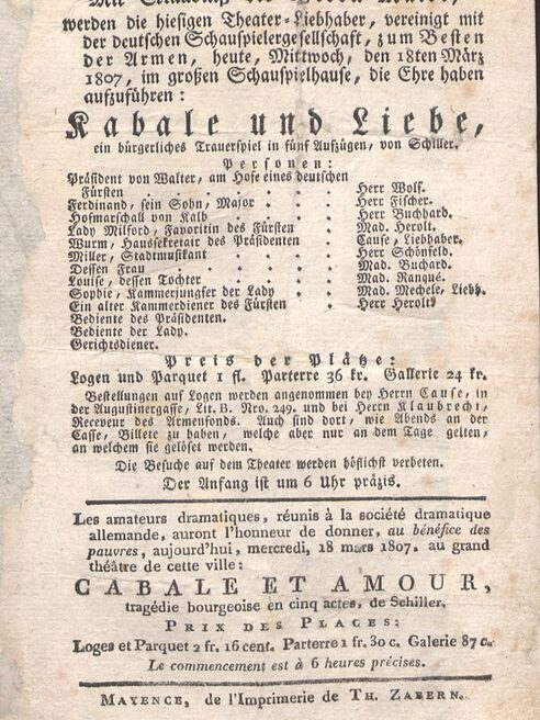 Theaterzettel Kabale und Liebe 18.3.1807