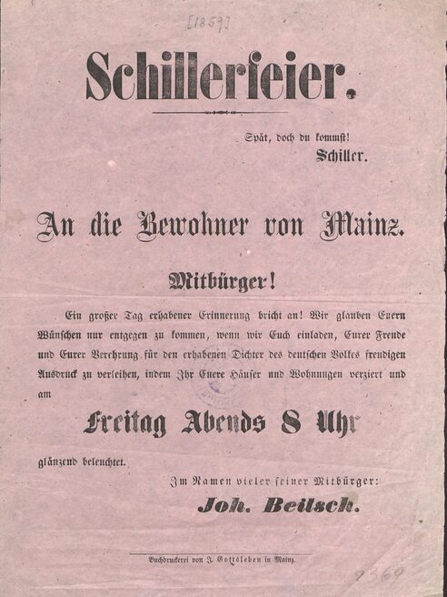 Aushang zur Schillerfeier in Mainz 1859