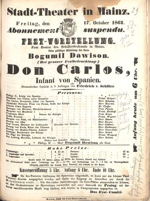 Theaterzettel Don Carlos 17.10.1862