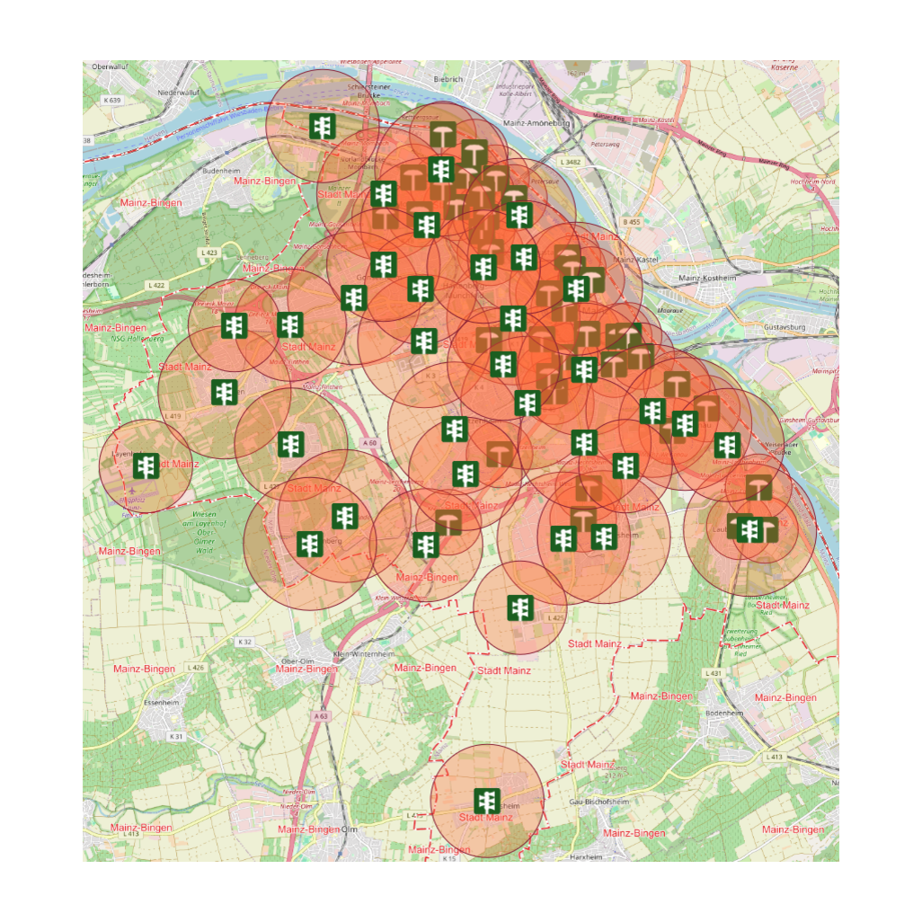 Map with the siren locations in the city of Mainz