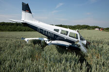 Notgelandetes Flugzeug im Weizenfeld.