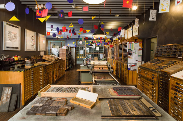 View into the Print Shop of the Gutenberg Museum.