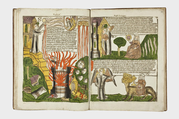 Feuer und Verdammnis: Im Blockbuch Apokalypse wurde die komplette Seite eines Buchs seitenverkehrt in eine Holztafel geschnitzt und davon gedruckt (nicht nach 1463).