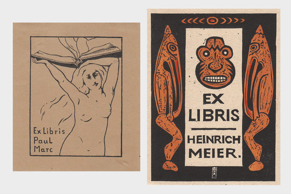 Das von Franz Marc entworfene Exlibris für seinen Bruder Paul Marc (1904) und das Exlibris des Gelehrten Heinrich Meier (o.J.)