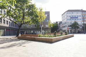 Blick auf den neuen Münsterplatz mit Blumenbeet und Bänken. © Landeshauptstadt Mainz