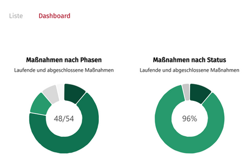Kreisdiagramme zu den Maßnahmen des Masterplan 100% Klimaschutz