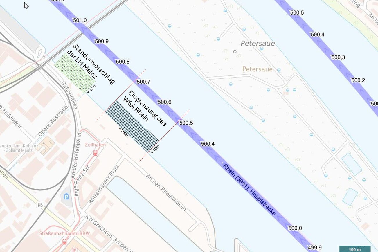 Grafik Badeschiff Platzierung - Standortverschiebung nach Antwort WSA km 500,7 - 500,5