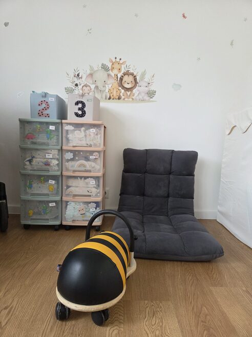 Scaffale con cura per i bambini, davanti ad esso una macchinina a forma di ape, dietro di essa un cuscino di seduta