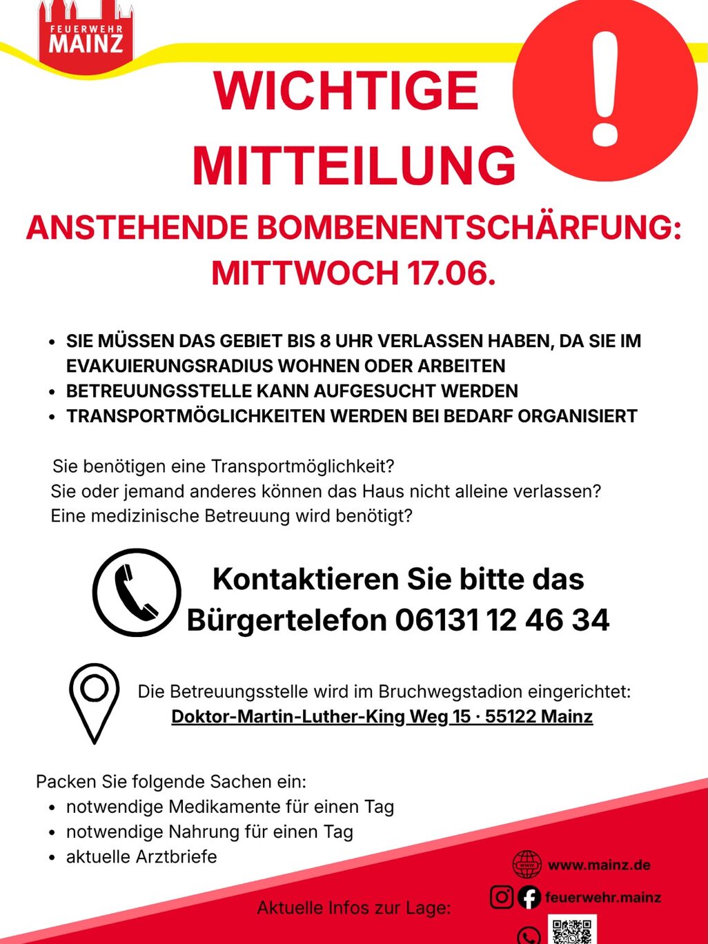 Grafika zawierająca ważną informację dotyczącą zbliżającej się akcji rozbrajania bomby w dzielnicy Mainz-Hartenberg-Münchfeld