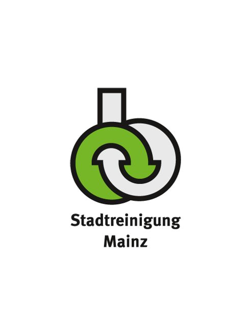Logo: zwei ineinander verschlungene Kreisen mit Pfeilen am Ende und darunter der Schriftzug: Stadtreinigung Mainz